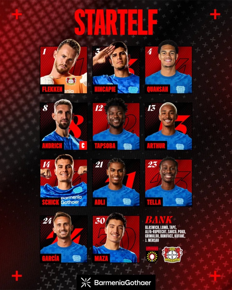 滕帅正式比赛首战，药厂德国杯首发：宽萨、希克、安德里希出战